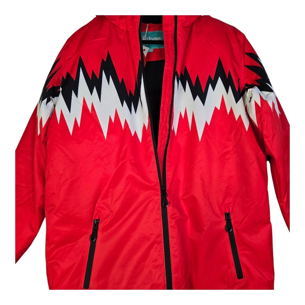 PHIBEE Youth, See Sizing, Red Outdoor Down Ski Jacket, Bold Zigzag Design- NWT - Picture 2 of 15